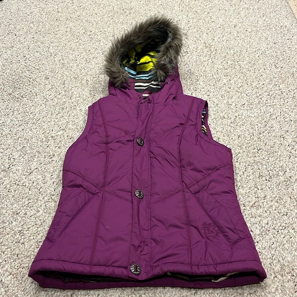 Burton Dry Ride Purple Ski Snowboard Puffer Vest Fur Hood Sz Medium